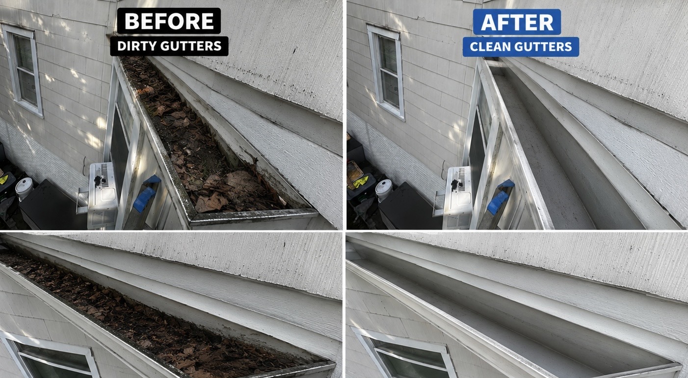 Before and after: gutters packed with leaves and debris, then completely clean after our service